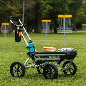 "Disc golf cart featuring helpful accessories like a water bottle and umbrella mount."