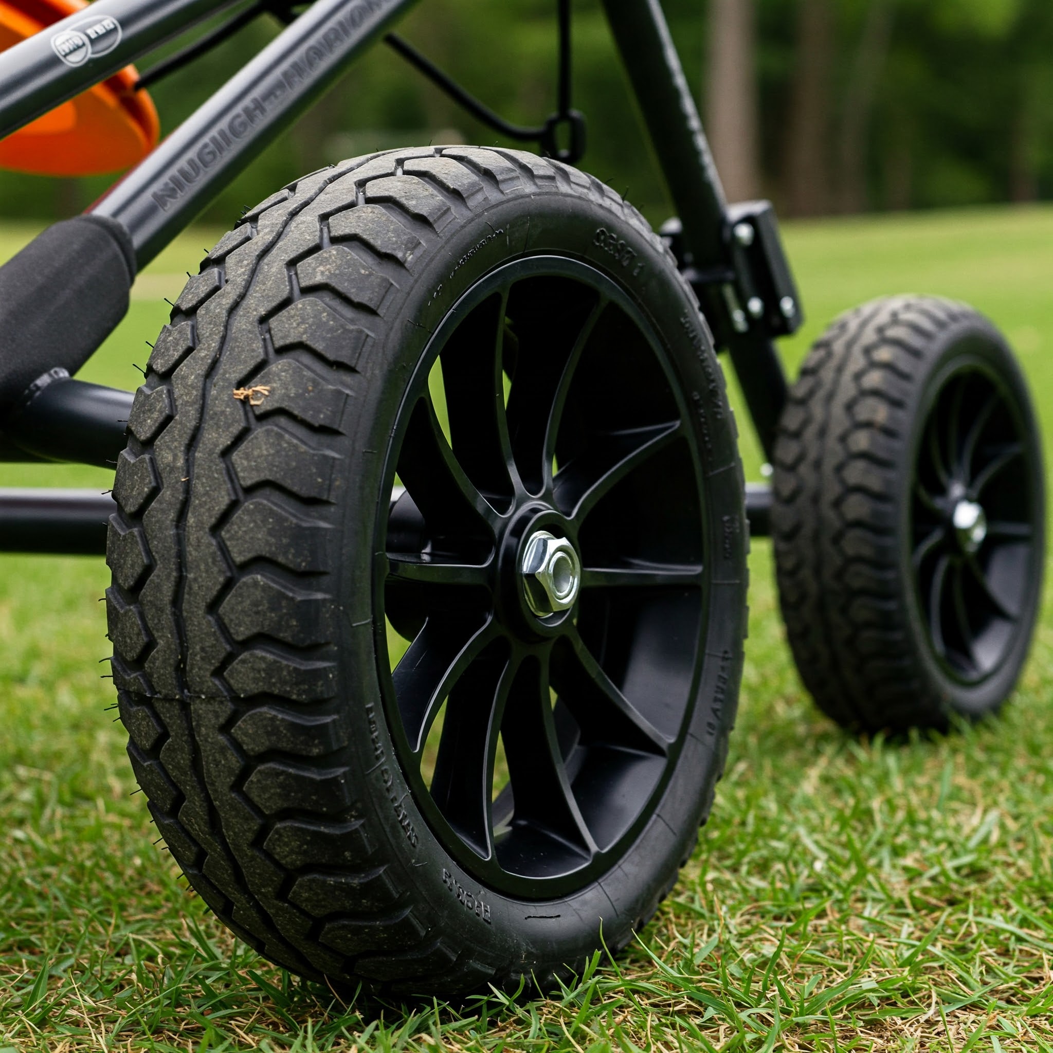 "Disc golf cart close-up of sturdy wheels, ready for the course."