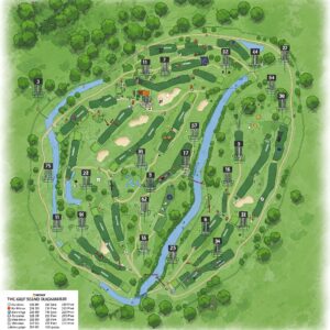 Diagram of a typical disc golf course layout designed for playing with a disc golf disc set.