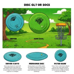  Illustration showcasing the three main types of a disc golf disc set: driver, midrange, and putter.