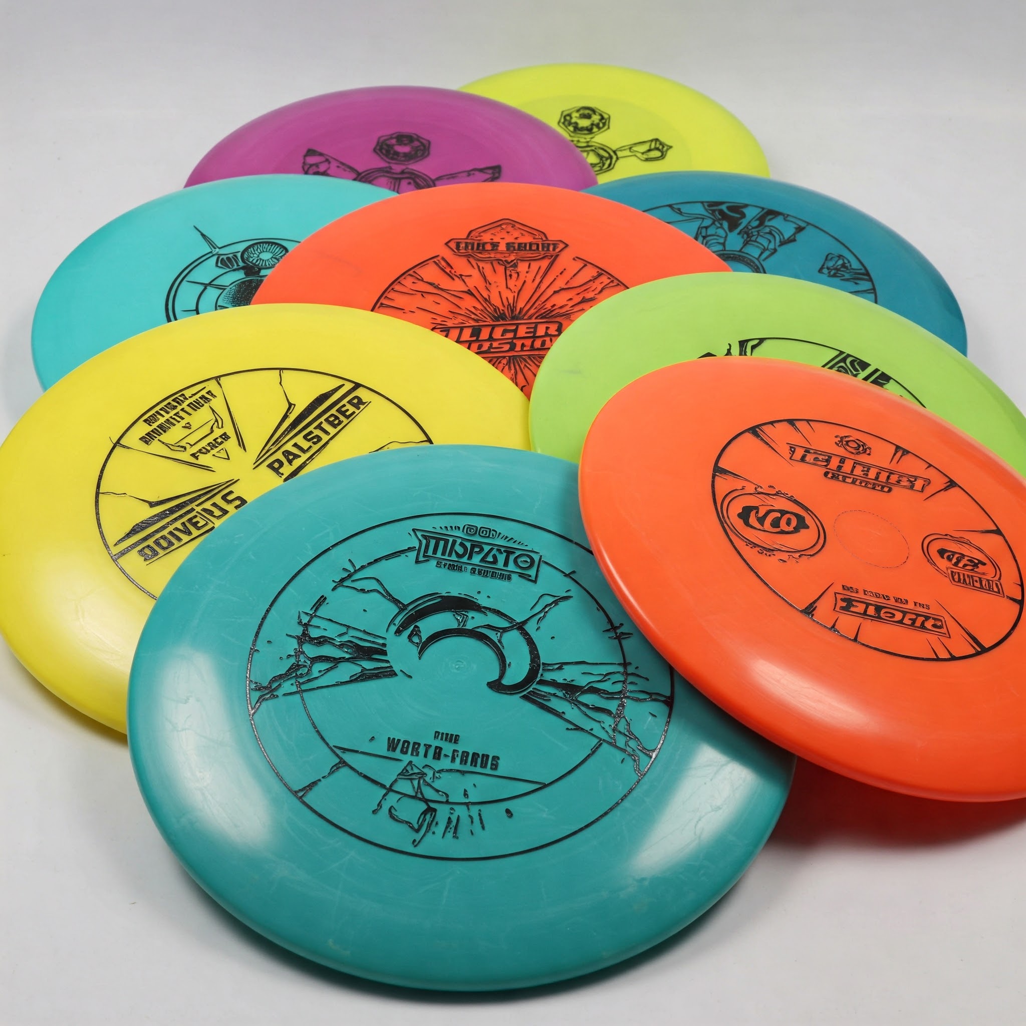 A colorful disc golf disc set featuring a variety of drivers, mid-ranges, and putters for all skill levels.