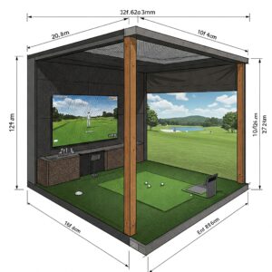 "Detailed dimensions of a typical golf simulator enclosure"