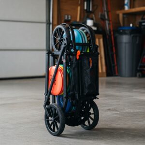 "Disc golf cart that is folded and compact for easy storage."