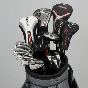 A golf bag filled with a complete set of mens left hand golf clubs, ready for the course.