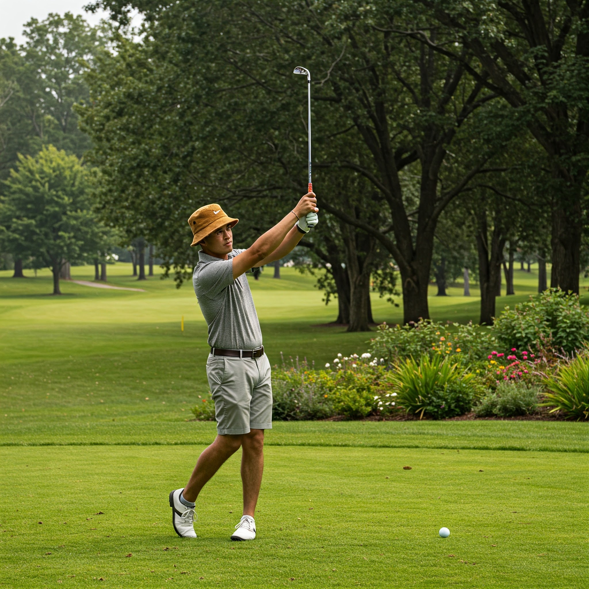 Man wearing a stylish golf bucket hat while swinging a club on the fairway.
