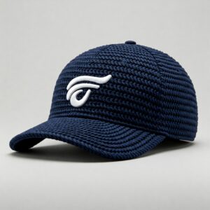 Detailed view of a golf rope hat featuring a prominent logo.