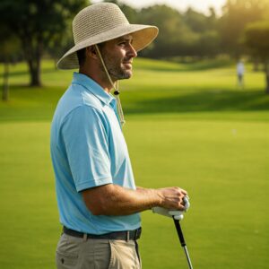 Man wearing a comfortable golf rope hat on the course.