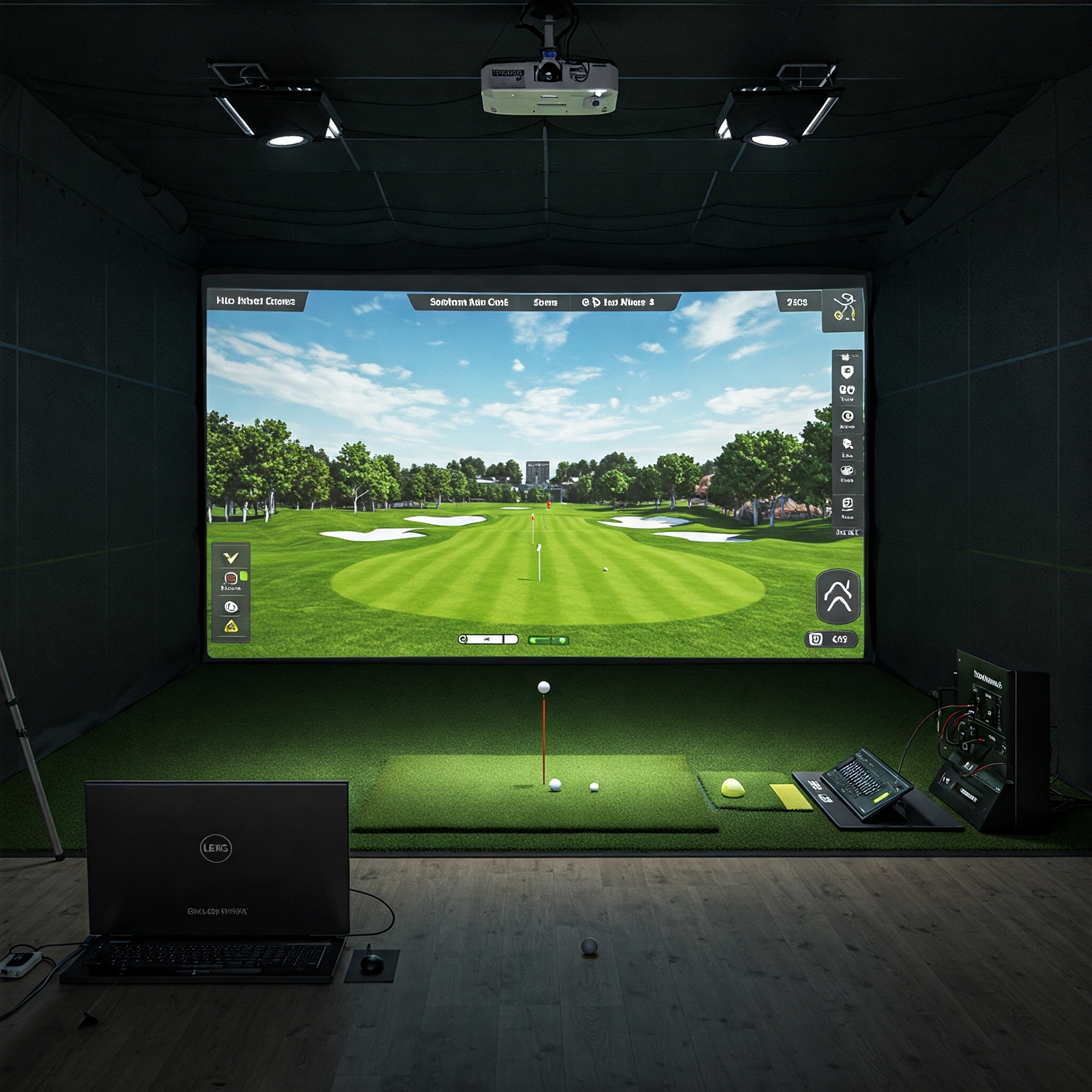 "Setting up a high-definition golf simulator screen for indoor practice."