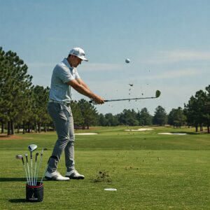 Golfer in mid-swing using Lazarus Golf Clubs, demonstrating their performance and power.