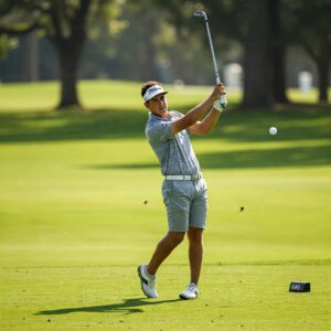 Golfer swinging an Orlimar Golf Clubs on a fairway, illustrating the clubs in action.