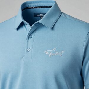The iconic Greg Norman shark logo embroidered on stylish greg norman golf shirts.