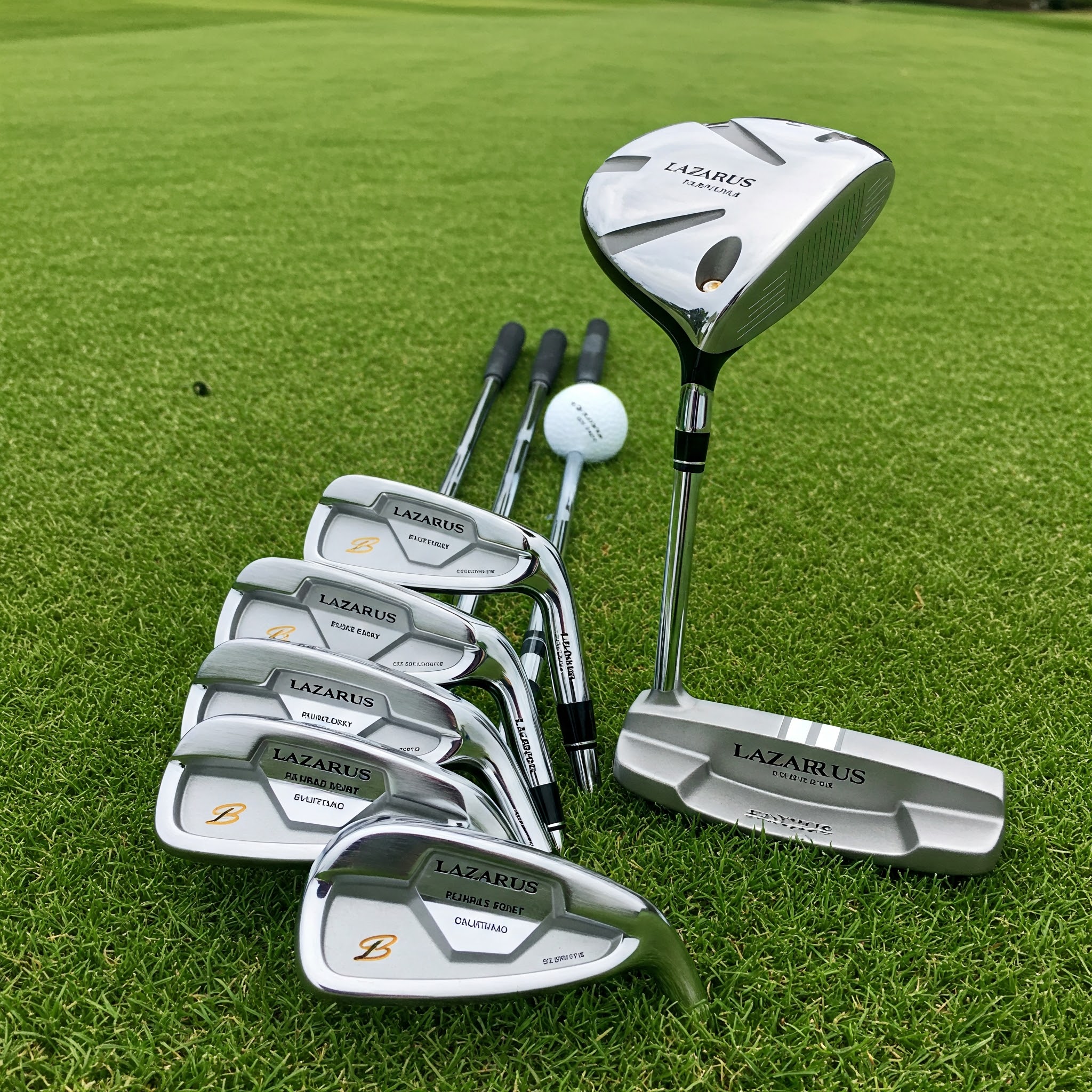 A complete set of Lazarus Golf Clubs, including driver, irons, and putter, displayed on a lush green course.