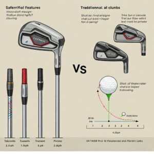 Illustration visually comparing the design and features of Lazarus Golf Clubs versus traditional golf clubs.