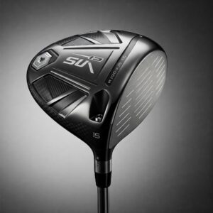 Close-up of a powerful left-handed men's golf driver, highlighting its clubhead and grip, a key component of mens left hand golf clubs.