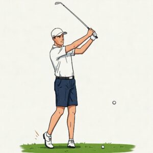An illustration of a male golfer with a left-handed swing, demonstrating proper form using what could be mens left hand golf clubs.
