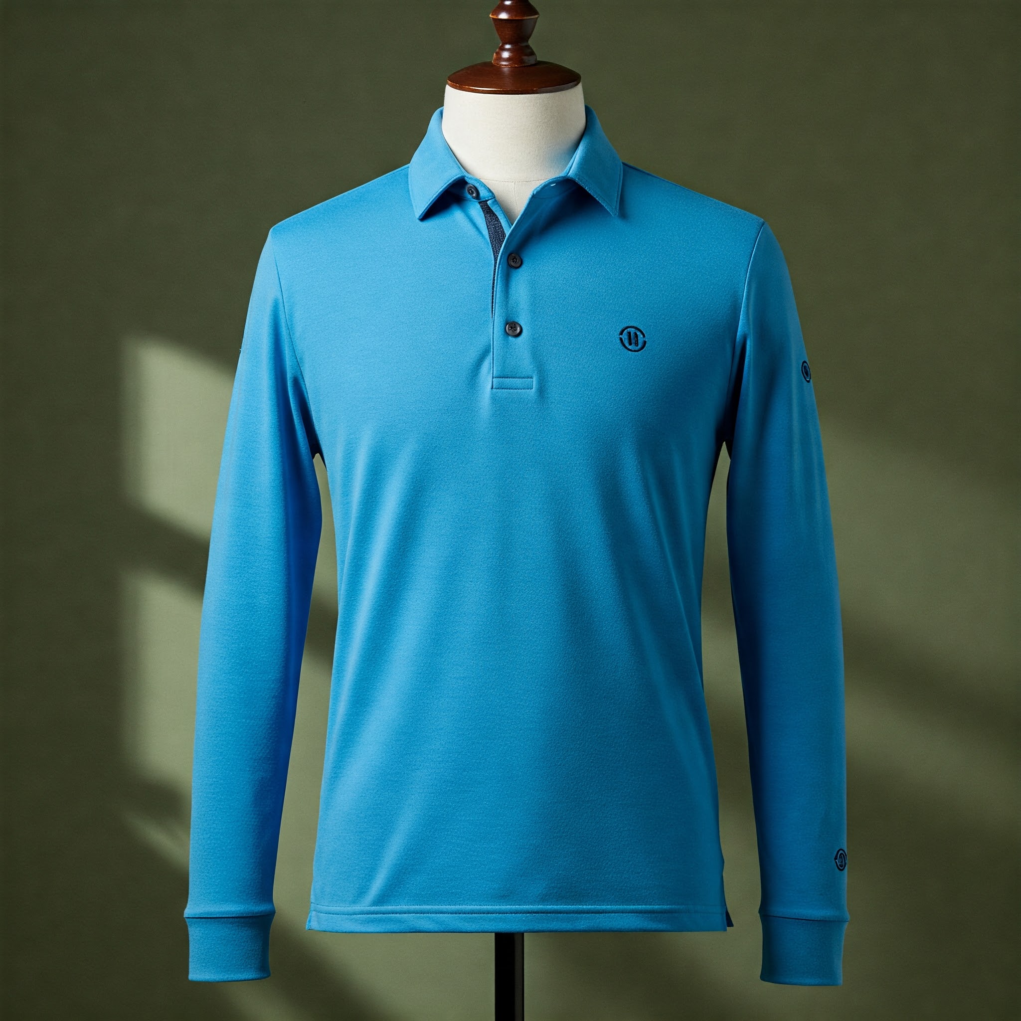 A stylish blue long sleeve golf shirts for men, perfect for comfortable play in cooler weather.
