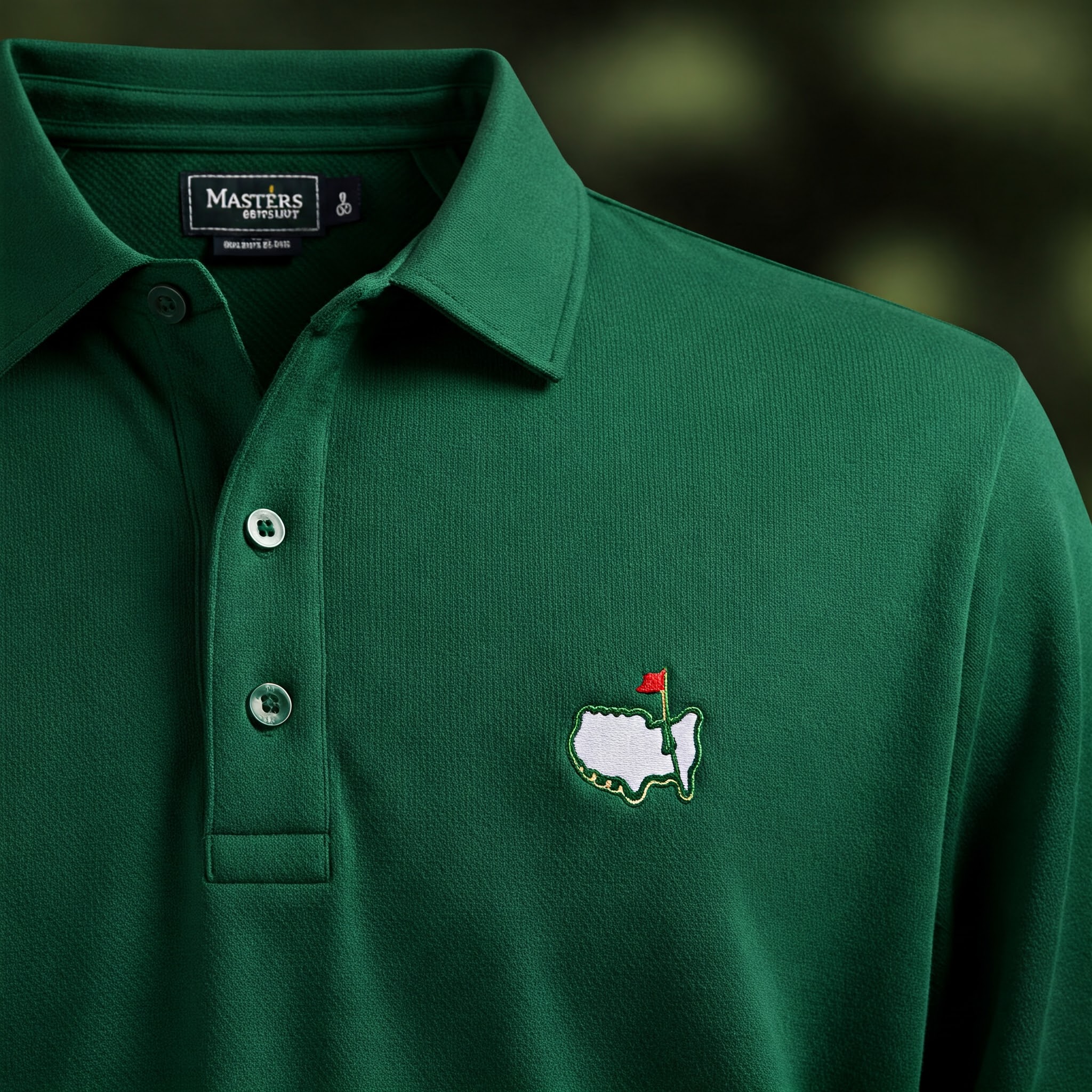 Close-up of a classic green masters golf shirt, showcasing its premium quality and design.