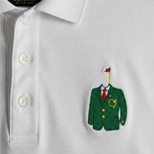 Detailed embroidery of the iconic Masters Tournament logo on a masters golf shirt.