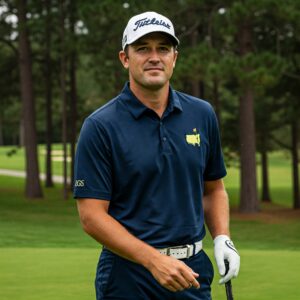 Man confidently wearing a stylish masters golf shirt on the course.