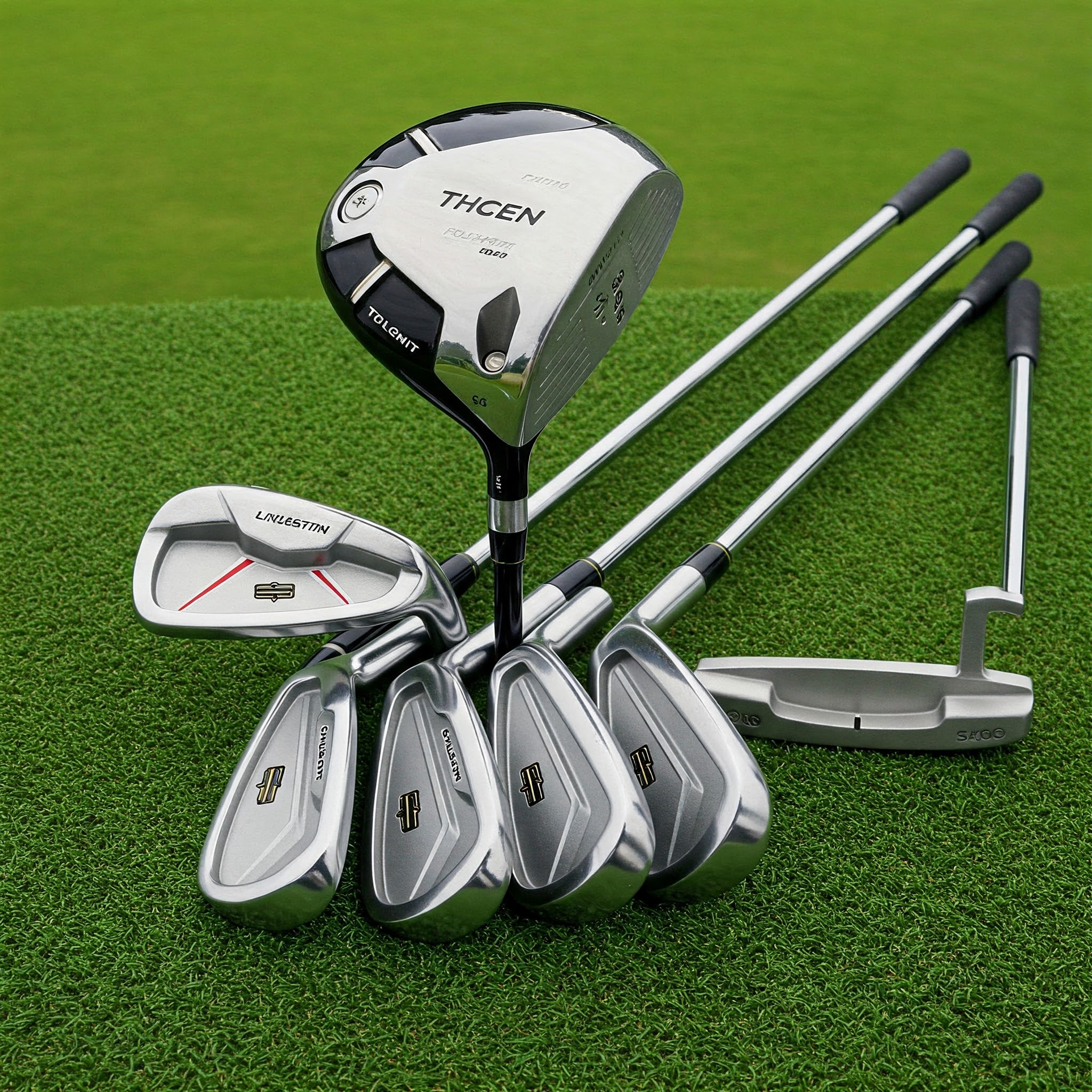 A selection of high-quality mens left hand golf clubs, including driver, irons, and putter, displayed on a green course.