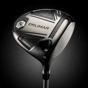 Close-up of an Orlimar Golf Clubs driver, highlighting its clubhead design and technology.