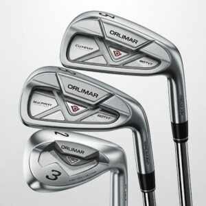 A selection of Orlimar Golf Clubs irons, showcasing different club numbers and their sleek design.