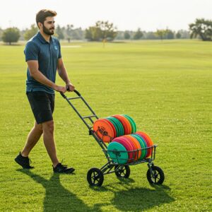 "Disc golf cart being pulled by a person with discs on a green field."