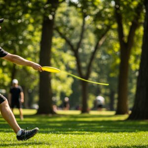Hand throwing a disc during a game of disc golf disc set, highlighting the flight motion.