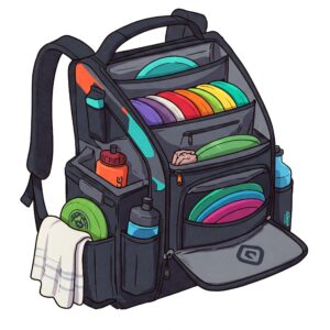 Animated illustration of a prodigy disc golf bag, showcasing its storage capacity for discs and accessories.