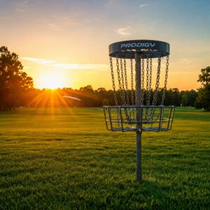 Artistic rendering of a prodigy disc golf target basket, symbolizing the goal of the sport.