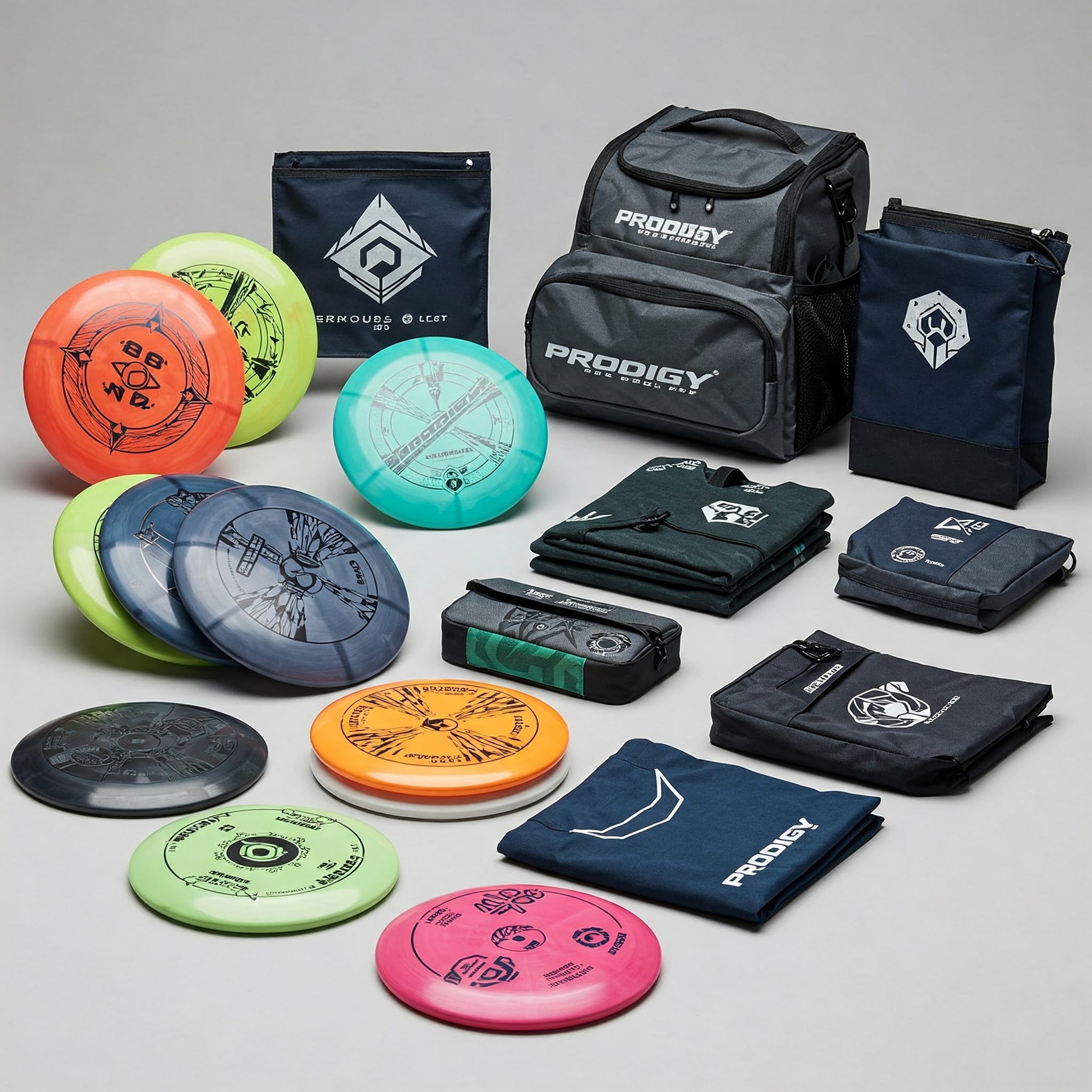 A selection of prodigy disc golf products, showcasing their range of discs and gear for ultimate throwing performance.