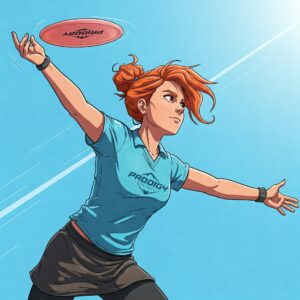 Illustration of a Prodigy team member demonstrating a powerful backhand throw with a prodigy disc golf disc.