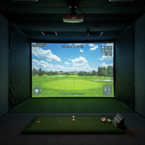 "Projector displaying golf simulation onto a large impact golf simulator screen."