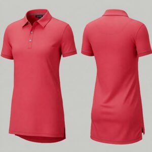 Red golf shirt shown from front, back, and side angles.