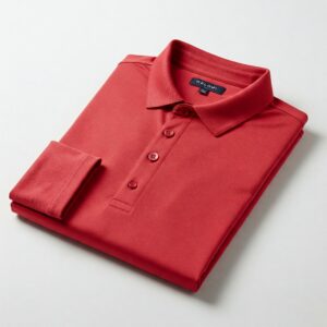 Flat lay image of a folded red golf shirt on a clean background.