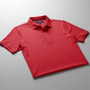 Red golf shirt polo-style with short sleeves and a classic collar.