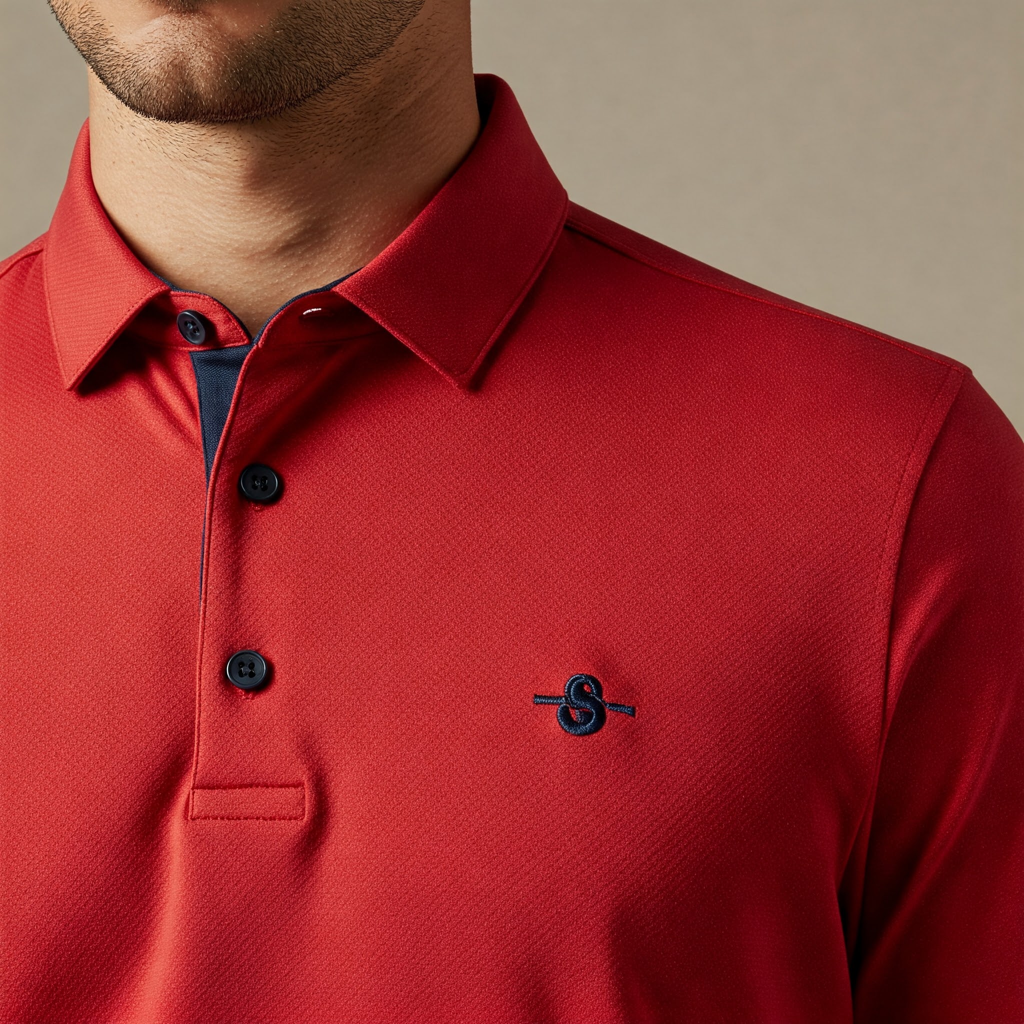 Close-up of a stylish red golf shirt for men, showcasing the fabric and design.
