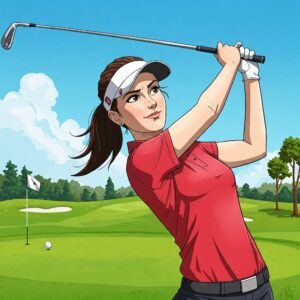 Illustration of a woman golfer in a vibrant red golf shirt during her swing.