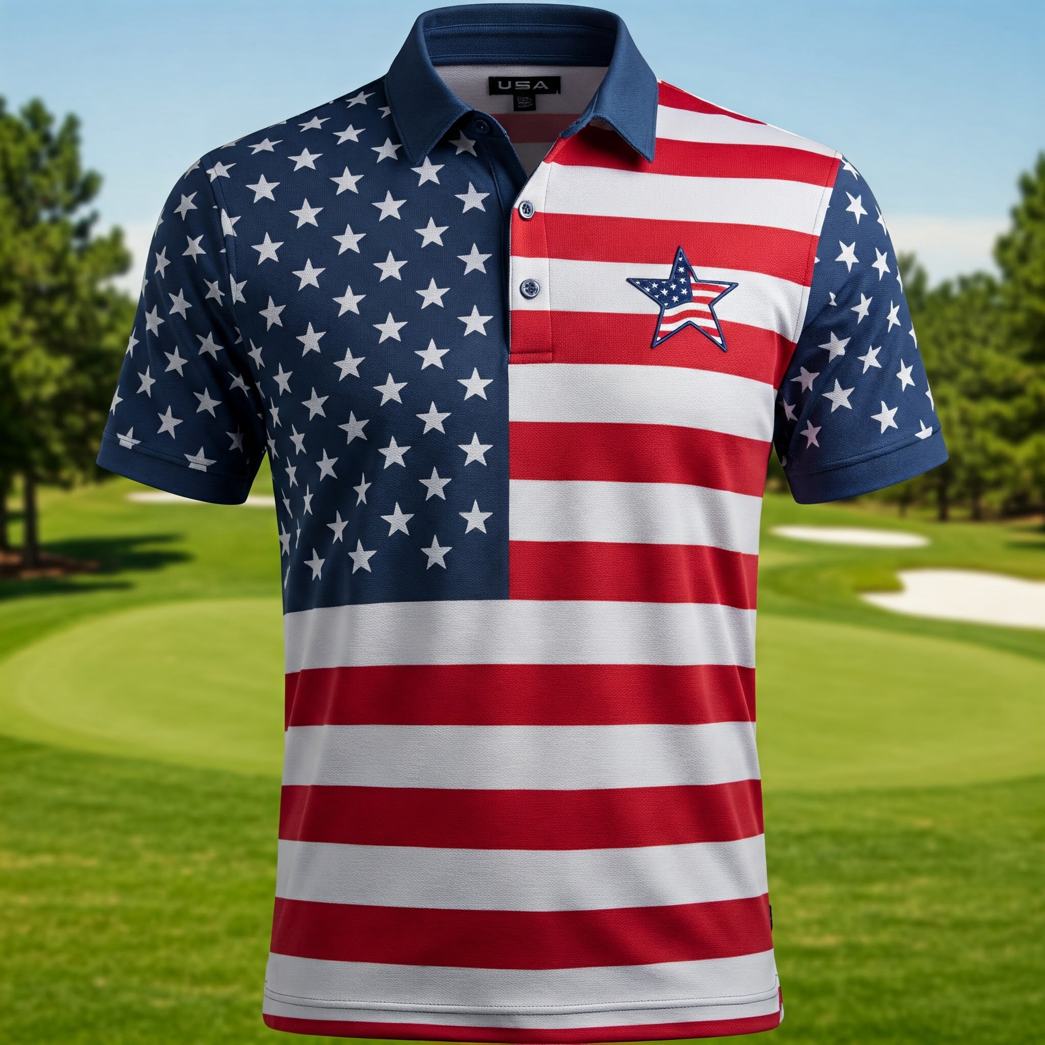 Patriotic usa golf shirt featuring stars and stripes design.