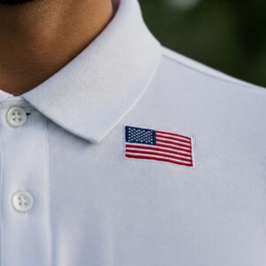 Close-up on the polo collar of a usa golf shirt.