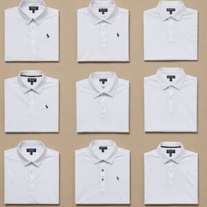 Collection of white golf shirts with different collar styles, showcasing various looks. 