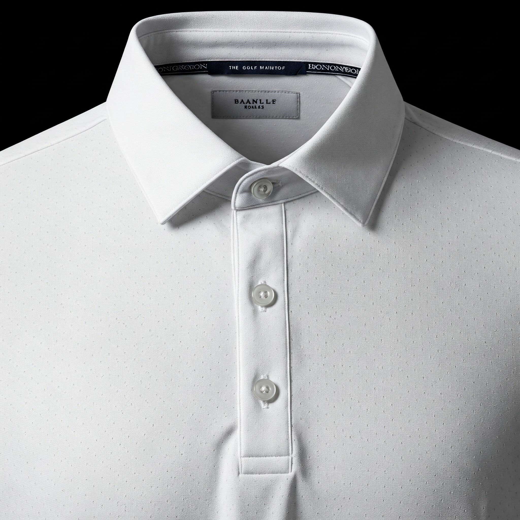 Close-up of a stylish white golf shirt for men, highlighting the fabric texture and collar.
