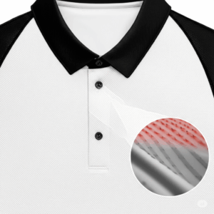 Illustration showing the moisture-wicking properties of a white golf shirt.