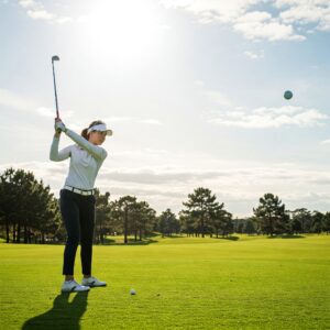 A woman golfer in action, wearing comfortable long sleeve golf shirts during her swing.