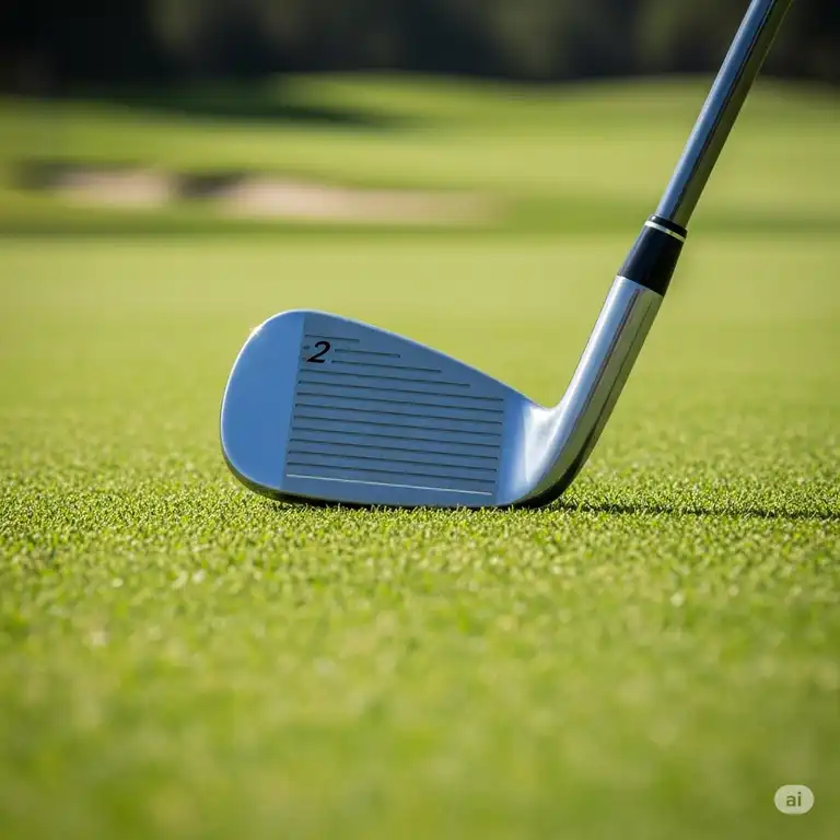 Close-up view of a professional 2 iron golf club on a green course, ready for a powerful shot.