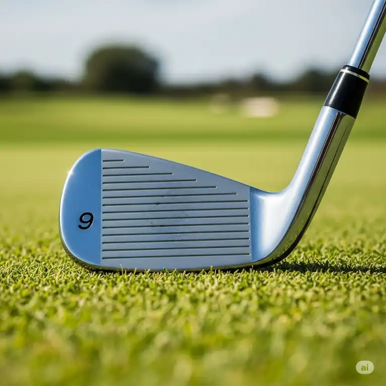 Close-up view of a 9 iron golf club face and grooves, ready for a precise shot on the green.