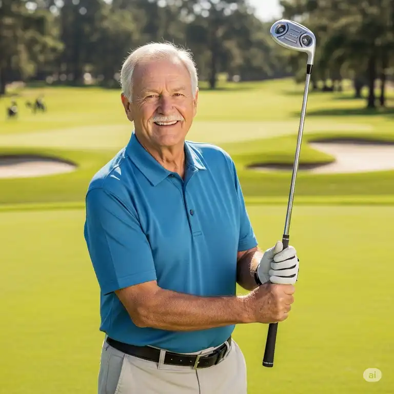 A senior golfer smiling and holding a golf club from one of the **best golf club sets for seniors**, on a sunny golf course.
