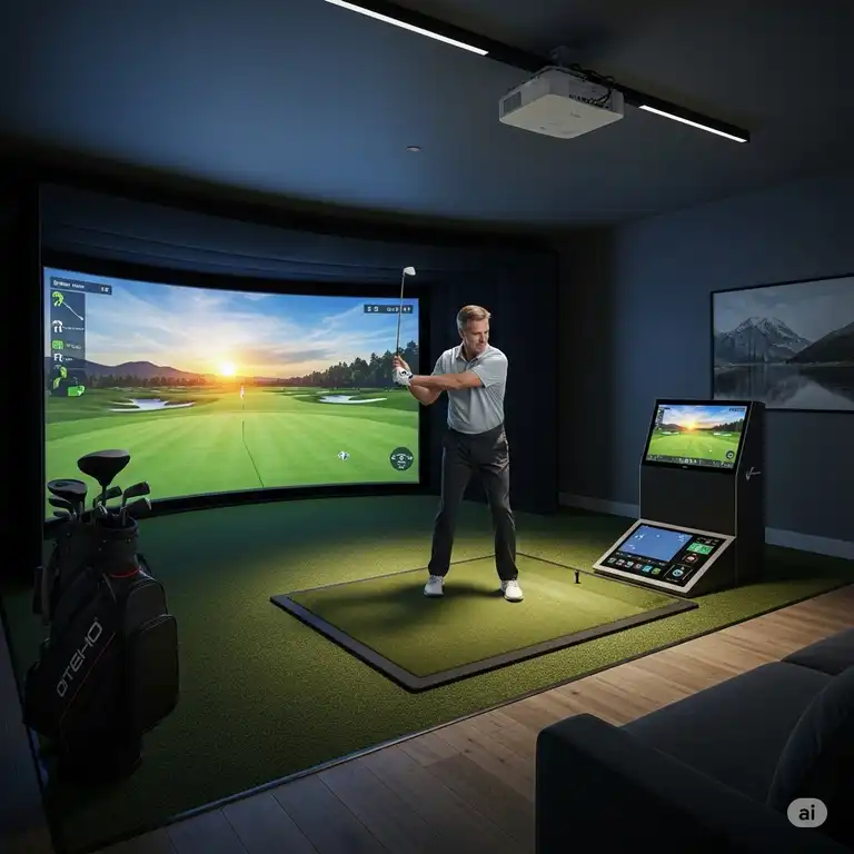 A wide shot of a premium best in home golf simulator setup with a golfer swinging, showcasing the screen, projector, and mat.