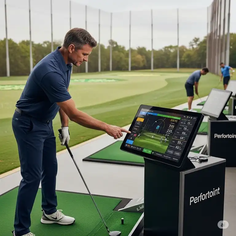 A golfer reviewing data on the screen of a best launch monitors for golf set up on a driving range, showcasing modern technology for game improvement.