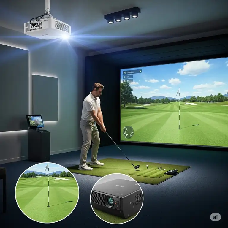 A high-resolution image of a golf simulator setup, showcasing a bright and clear projection from what is considered the best projector for golf simulator onto a large screen, with a golfer preparing to swing.